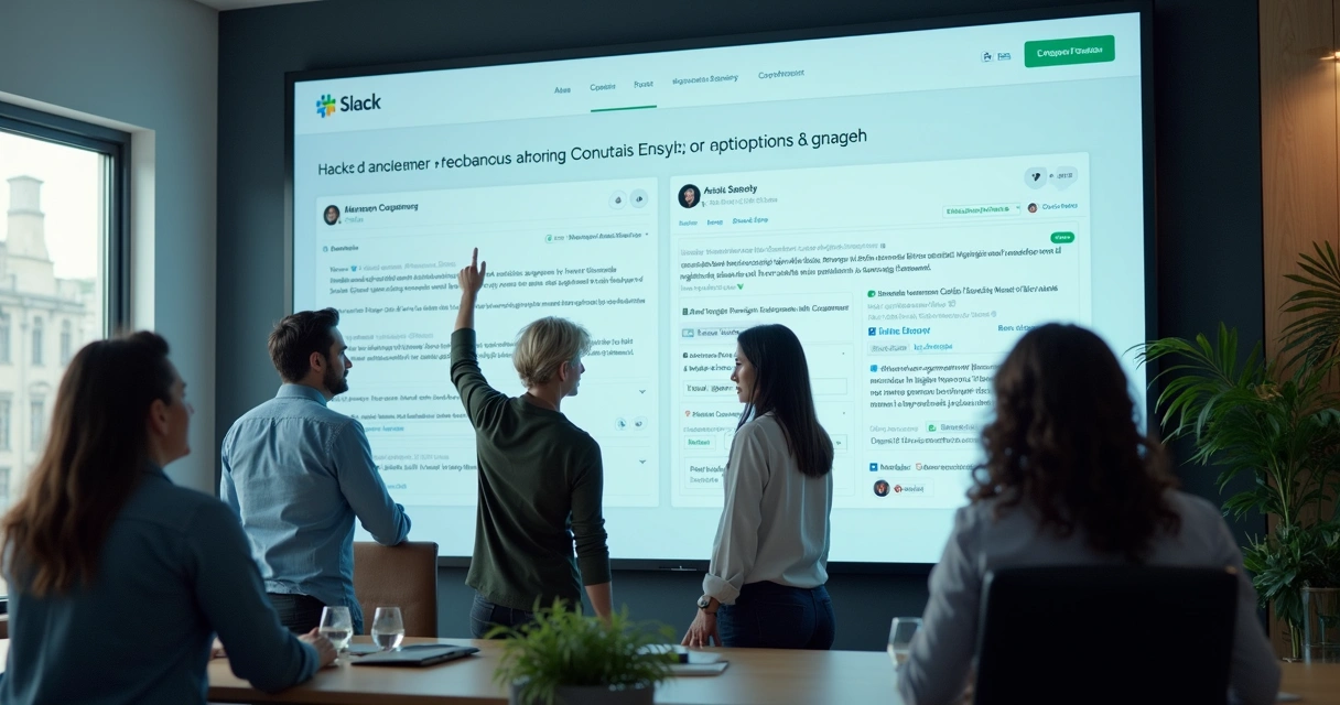 Equipe reunida conversando em torno de uma tela mostrando feedbacks recebidos 