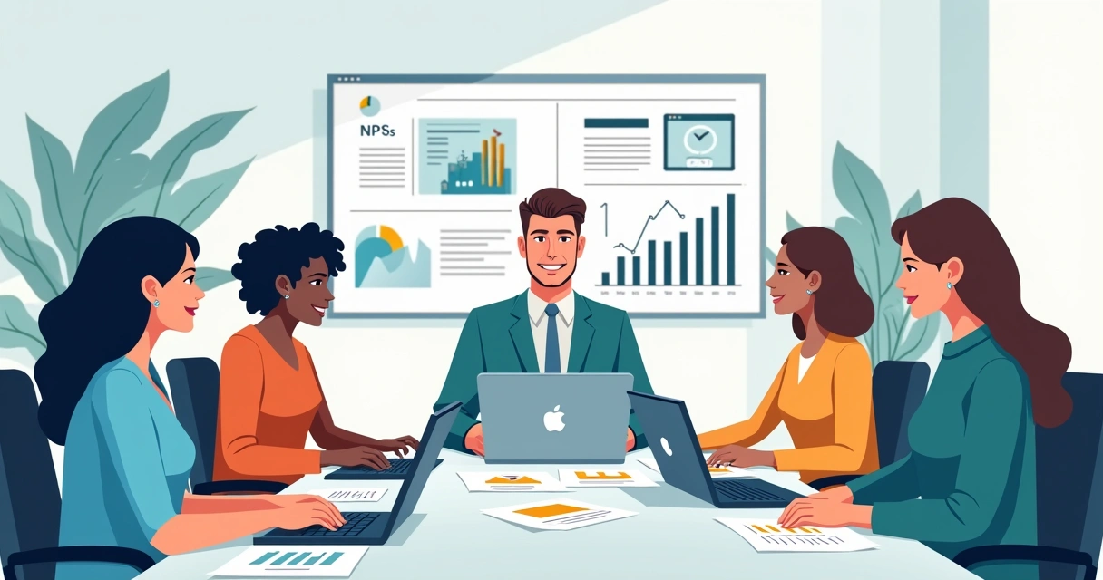 Equipe de trabalho em sala de reunião analisando feedback em papéis e notebooks