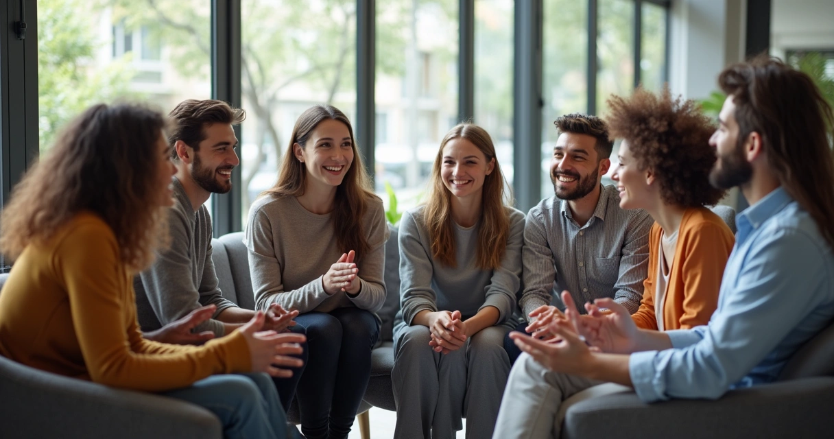 Pessoas reunidas em círculo trocando feedback em ambiente de trabalho moderno