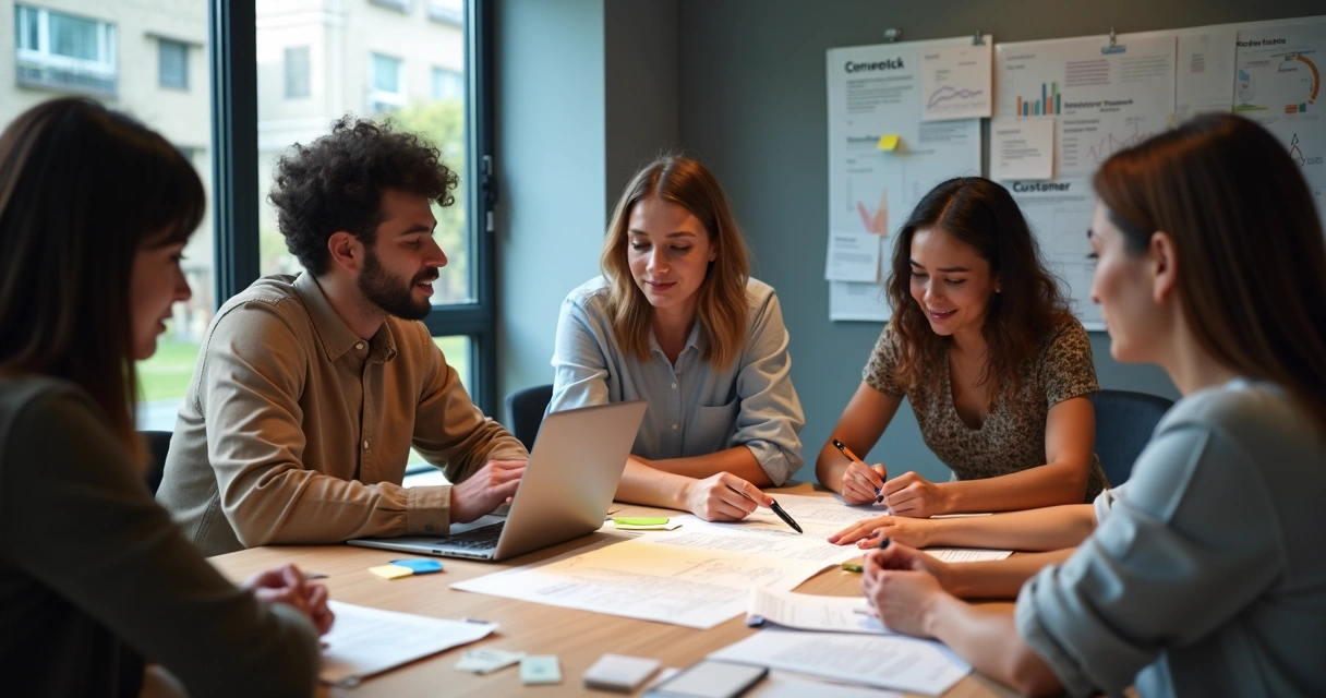 Equipe de diferentes perfis reunida em mesa analisando feedbacks em papéis e computadores 