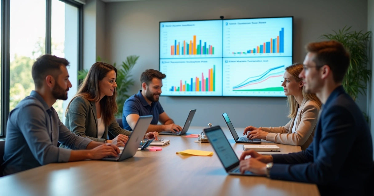 Equipe reunida em torno de uma mesa analisando gráficos de feedbacks de clientes 