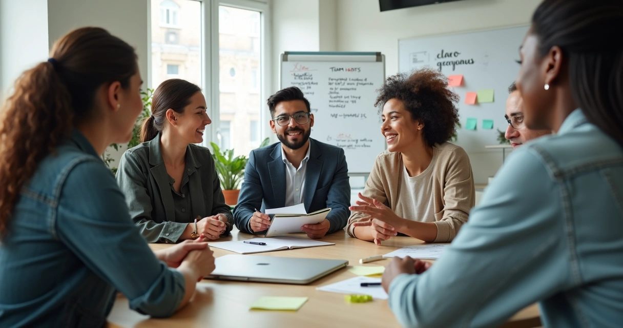 Equipe diversa reunida em círculo praticando hábitos de maturidade em reunião colaborativa 