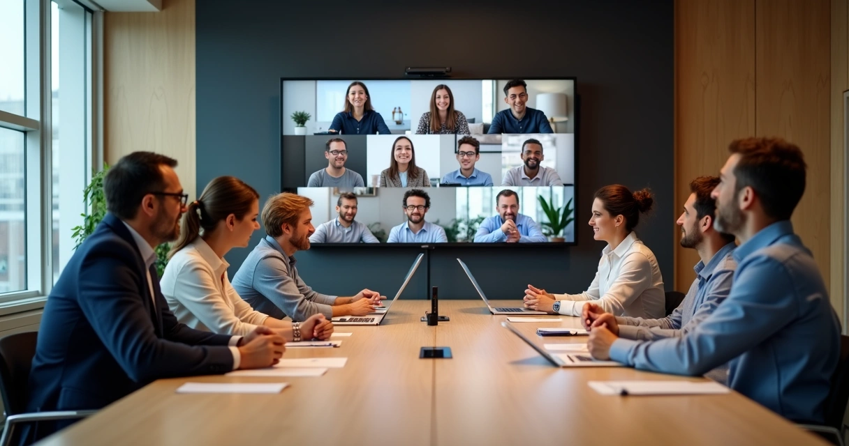Equipe reunida com pessoas presenciais e online na mesma sala
