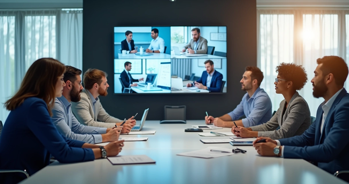 Equipe híbrida reunida em videoconferência com pessoas presentes na sala e online na tela