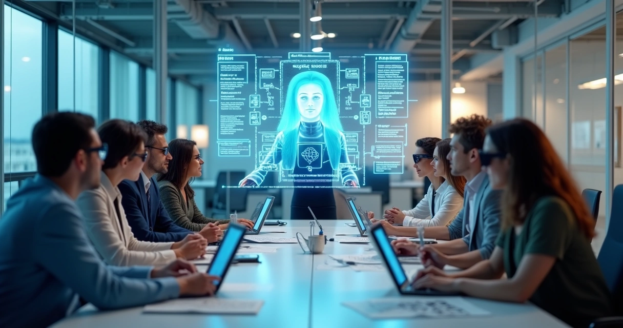 Equipe multicultural discutindo IA em sala moderna