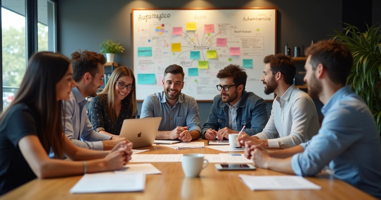 Reunião de equipe discutindo ideias para automação 