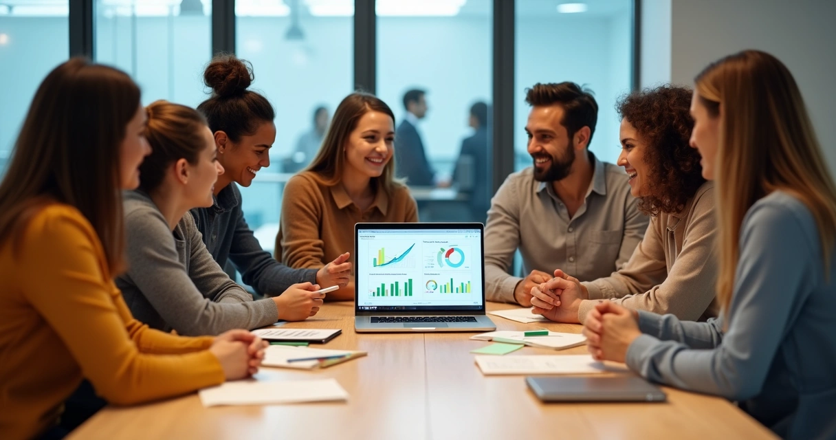 Equipe diversa reunida em mesa avaliando indicadores de vínculos positivos 