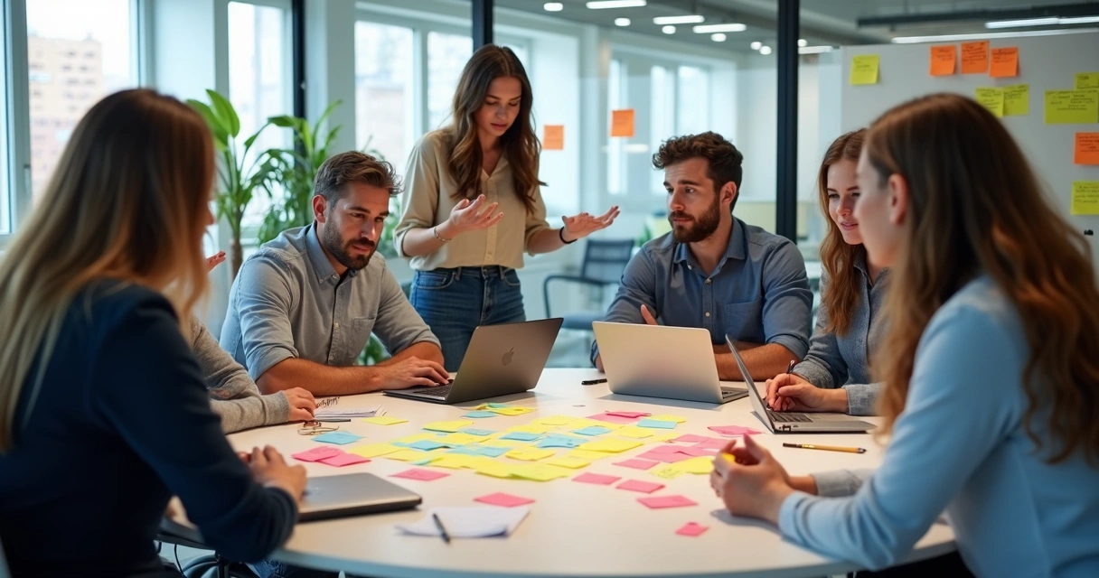 Grupo de pessoas reunidas ao redor de mesa redonda com post-its coloridos e tablets