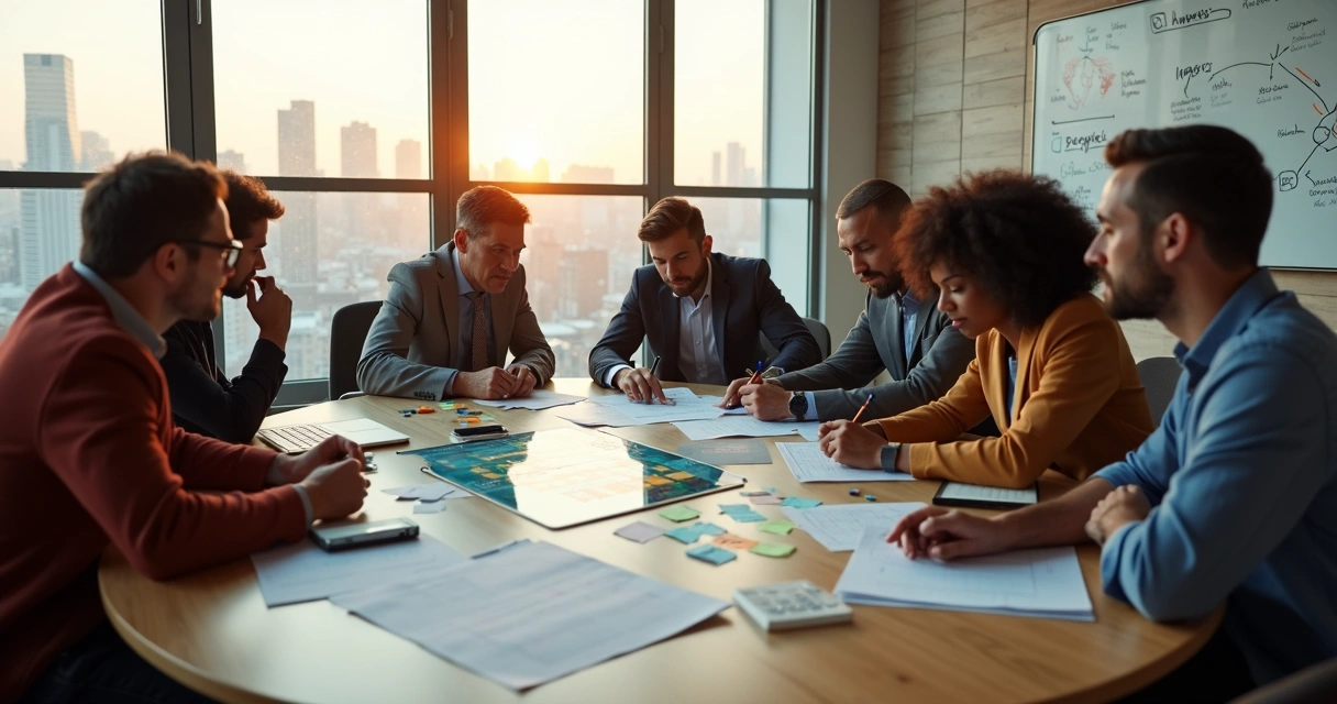 Equipe diversa em reunião estratégica colaborando em torno de mesa redonda 