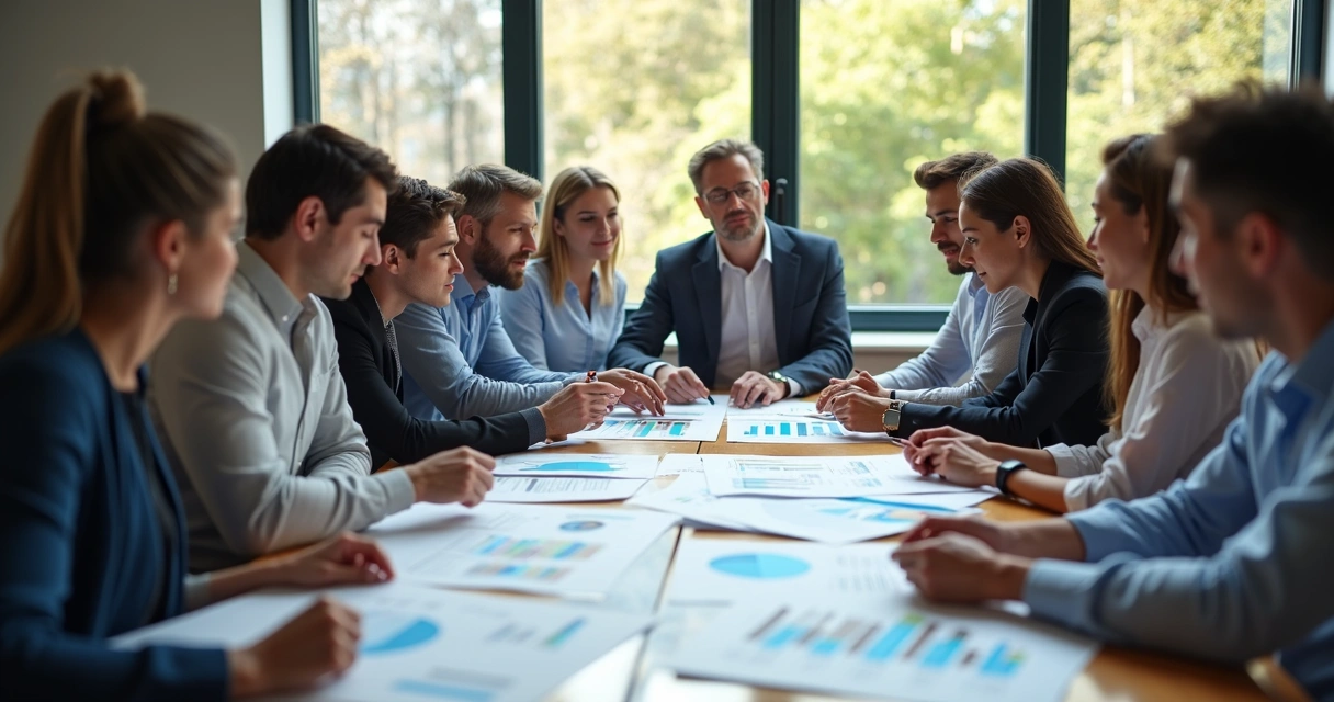 Equipe analisando relatórios de vendas e sentimentos 