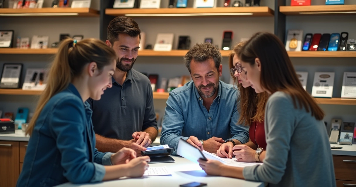 Equipe reunida em loja de celulares conferindo relatórios 