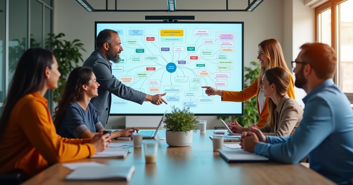Equipe reunida discutindo mapa mental digital em sala moderna 