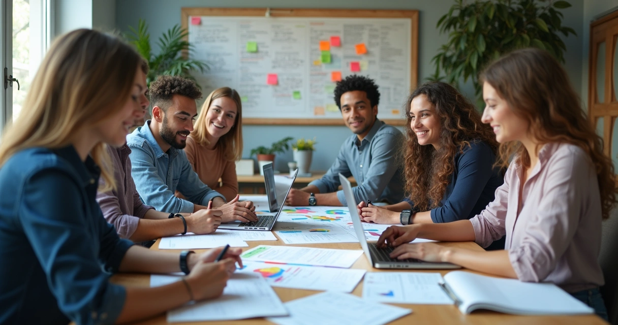 Reunião de equipe em frente a computadores com gráficos coloridos e ideias de marketing digital na parede 
