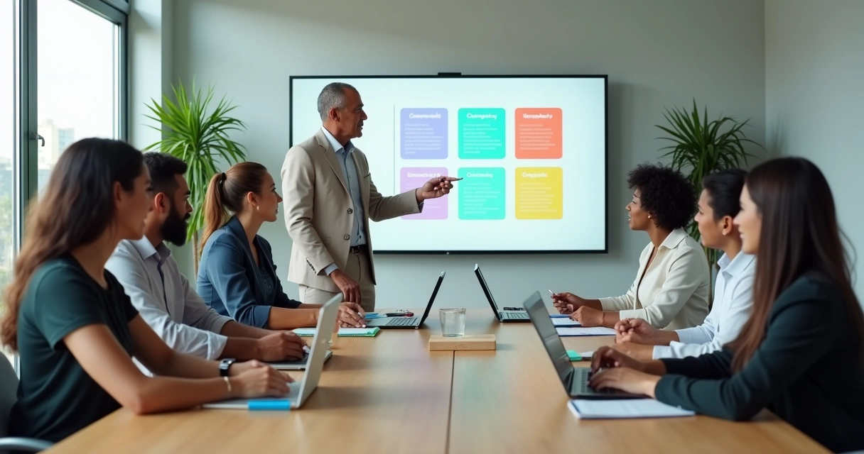 Equipe diversa em reunião avaliando maturidade emocional com quadro de indicadores 