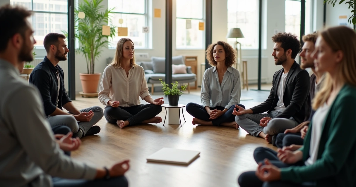 Equipe diversa em círculo meditando em escritório moderno 