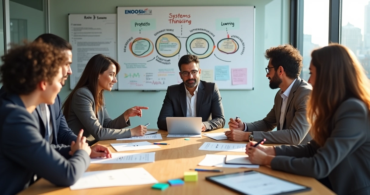 Equipe de liderança em reunião avaliando a maturidade sistêmica da equipe 