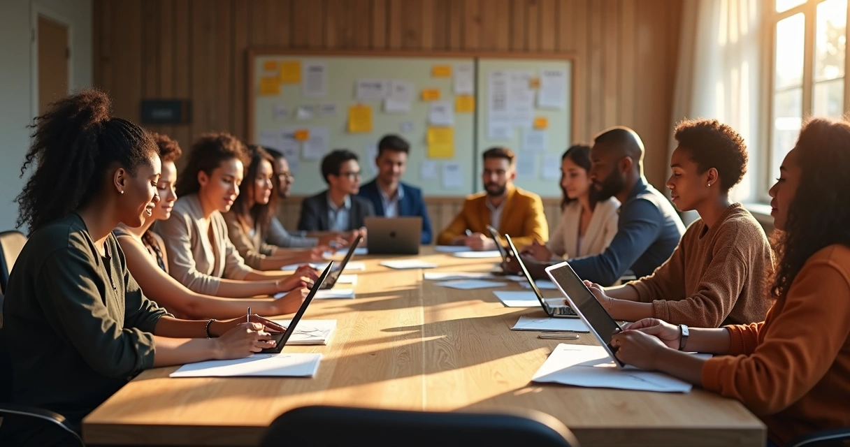 Pessoas de diferentes nacionalidades em reunião de equipe ao redor de uma mesa de escritório, conversando e trocando ideias 