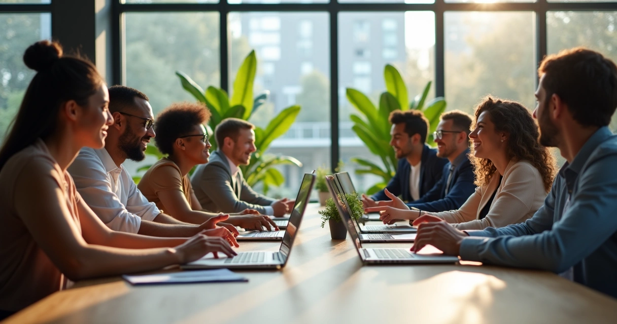 Equipe diversificada sentada ao redor de uma mesa usando notebooks com o Notion aberto, ambiente corporativo moderno, atmosfera amigável 