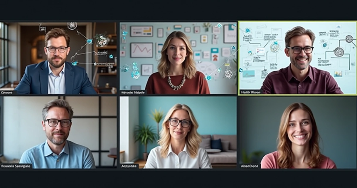 Equipe reunida em videoconferência analisando fluxos de comunicação