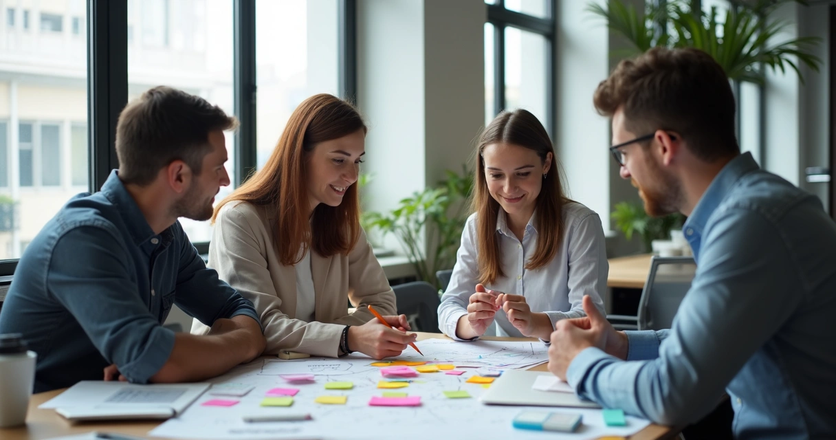 Equipe discute otimização do funil de vendas com post-its 