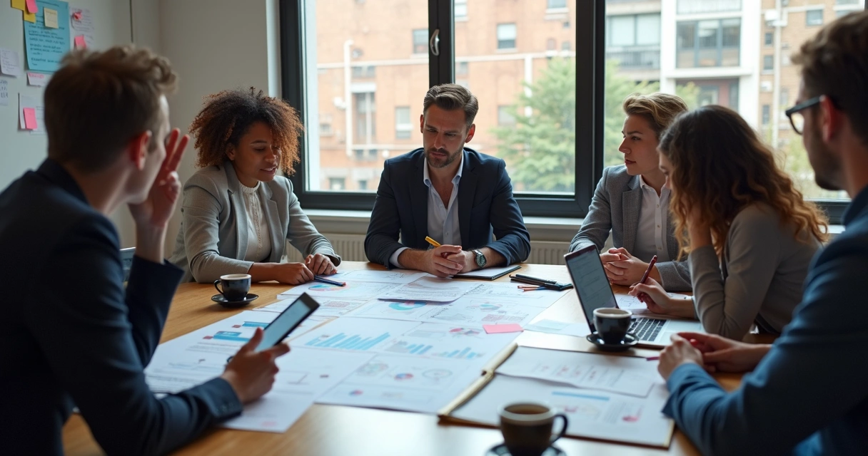 Equipe reunida em reunião discutindo processos 