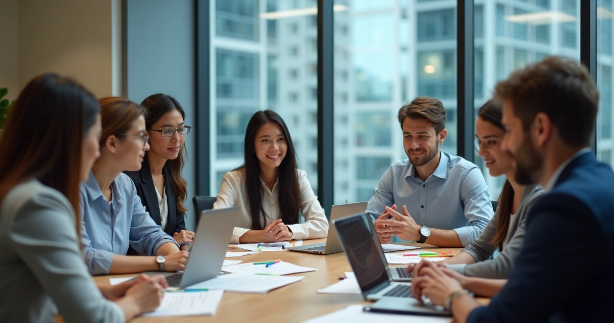 Profissionais reunidos em uma sala de reunião com notebooks e anotações na mesa 