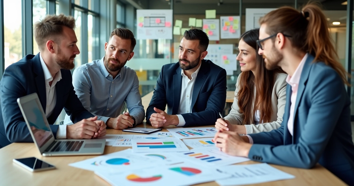 Equipe comercial reunida em mesa de planejamento, analisando gráficos e dados 