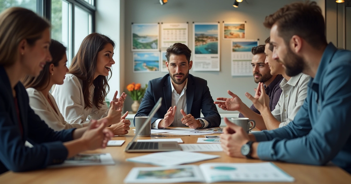 Equipe reunida em sala planejando campanha de viagens 