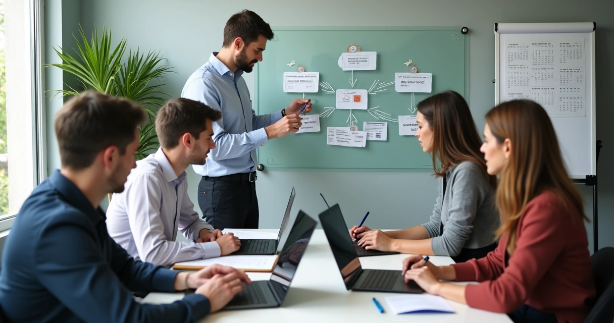 Equipe reunida em torno de uma mesa discutindo estratégia de IA 