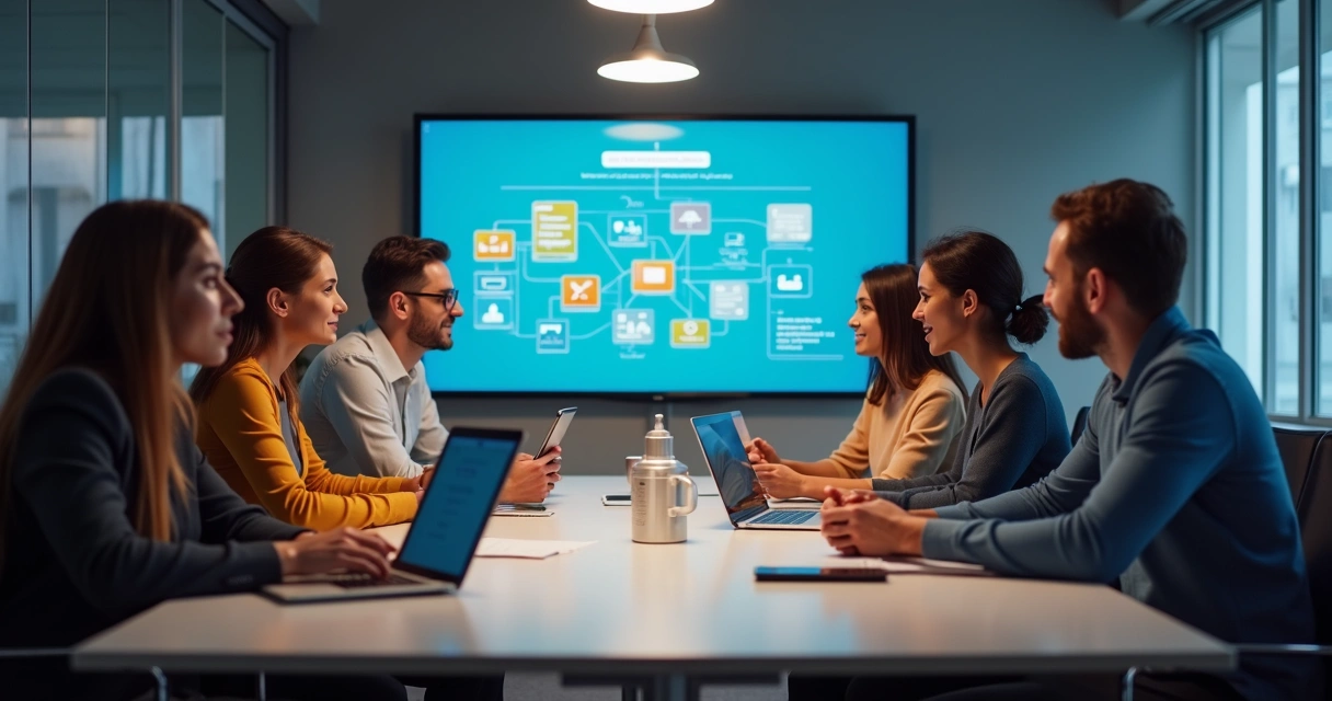 Equipe reunida fazendo planejamento tecnológico na sala de reunião 