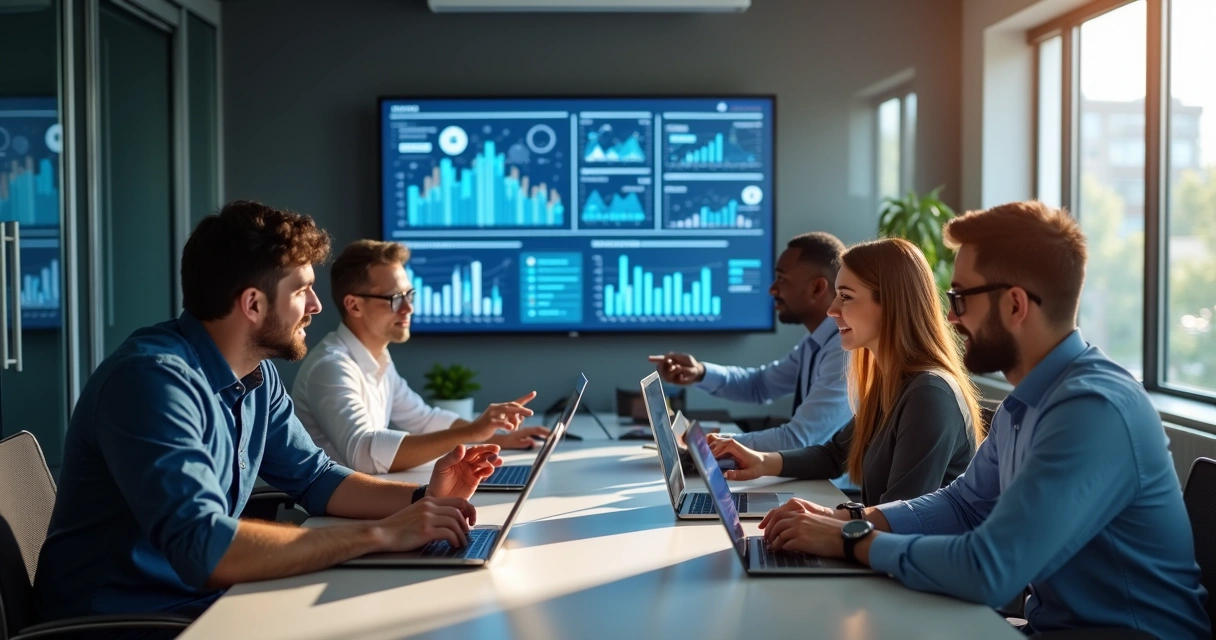 Equipe reunida em sala de reunião analisando gráficos digitais