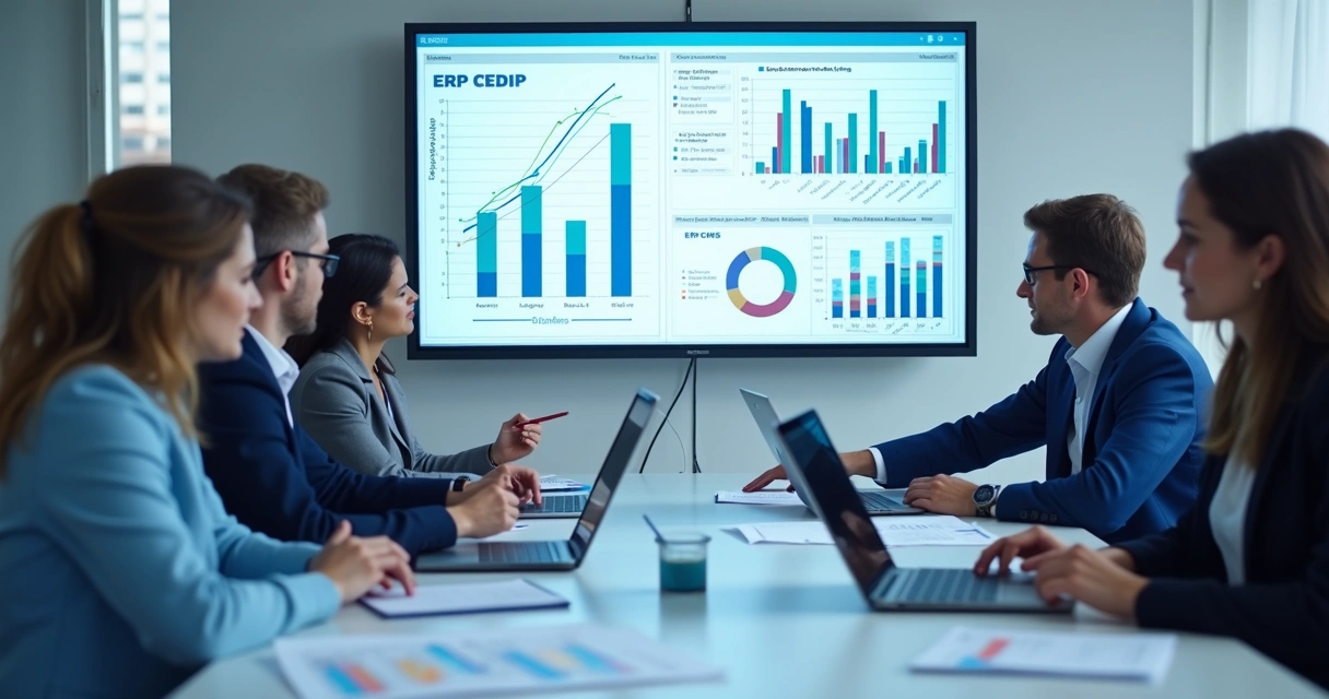 Equipe de e-commerce reunida analisando planilhas e telas de ERP