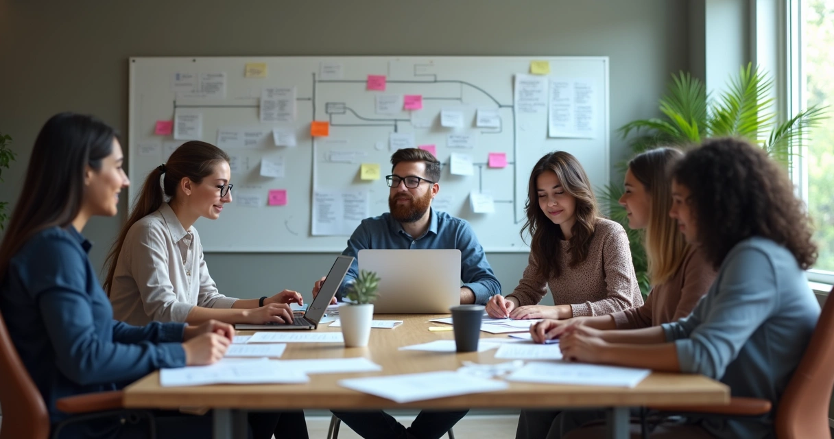 Equipe reunida planejando digitalização juntos 