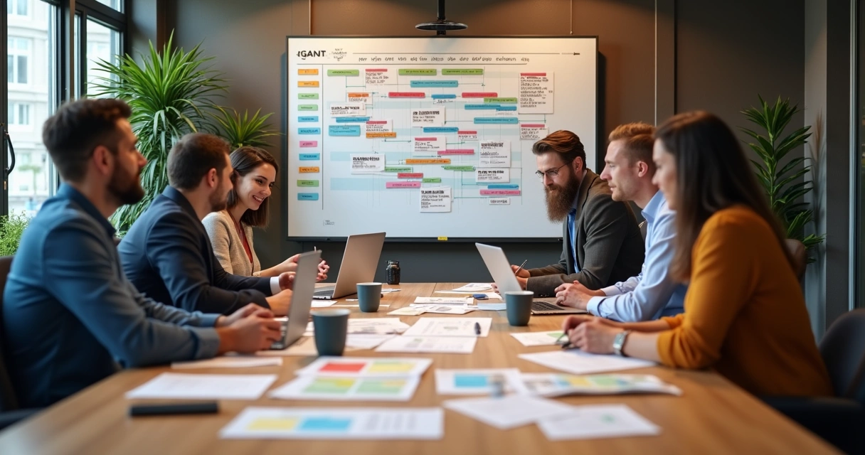 Equipe discutindo cronograma de projeto em sala de reunião 