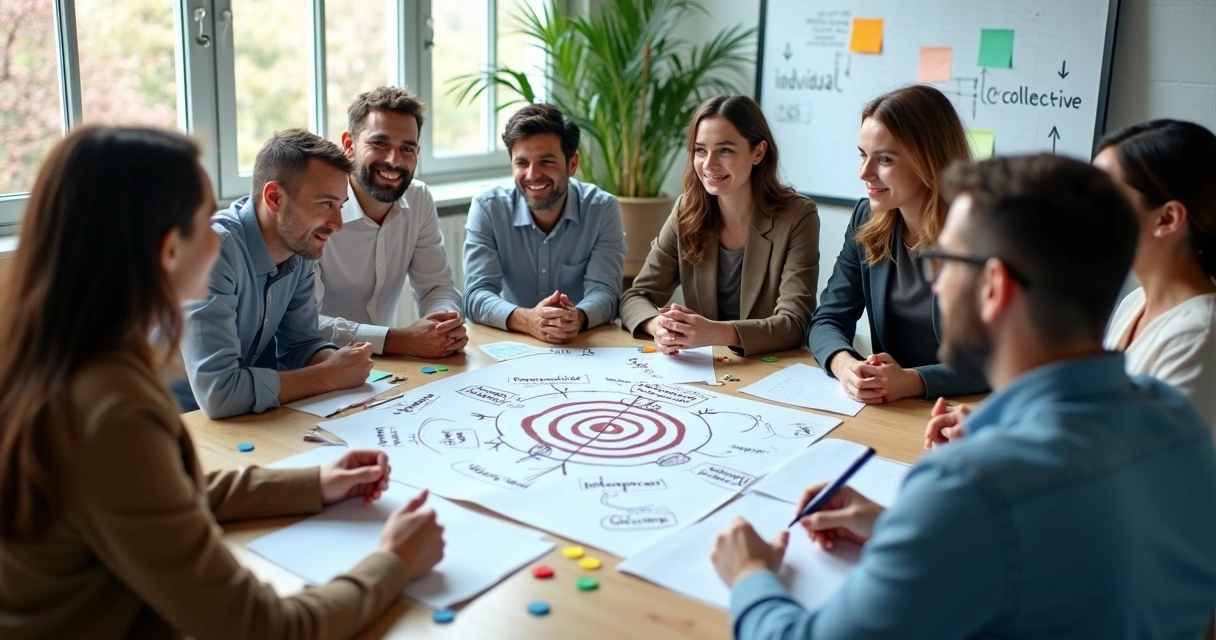 Equipe diversa em reunião de círculo discutindo propósito coletivo em escritório moderno 