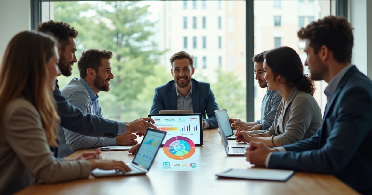 Equipe diversa em reunião alinhando propósito e métricas humanas 