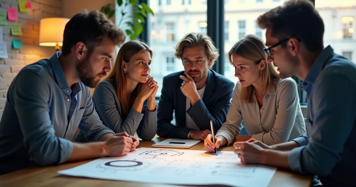 Grupo de trabalho reunido refletindo ao redor de uma mesa, analisando ideias e propostas