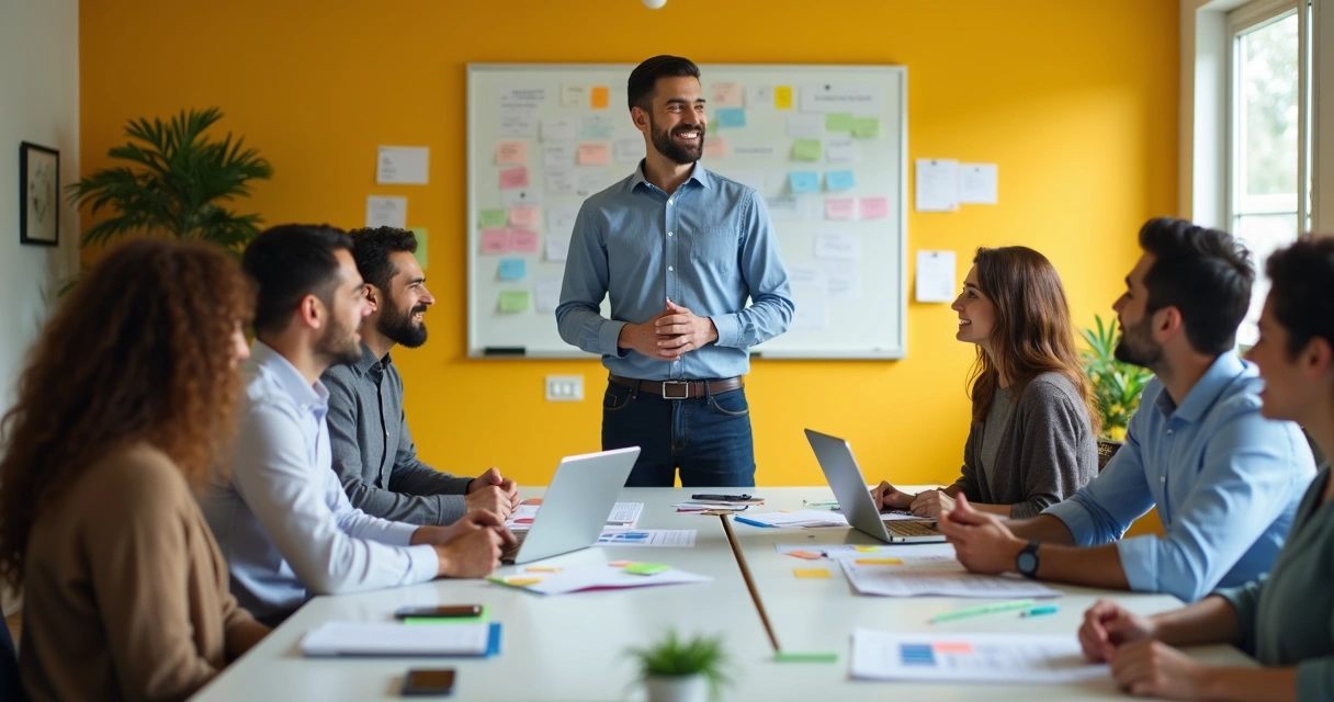 Equipe reunida resolvendo conflito junto ao líder em sala de reunião 