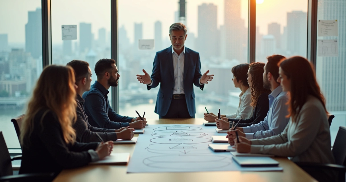 Equipe diversa em reunião colaborativa resolvendo conflitos em uma sala de reunião moderna 