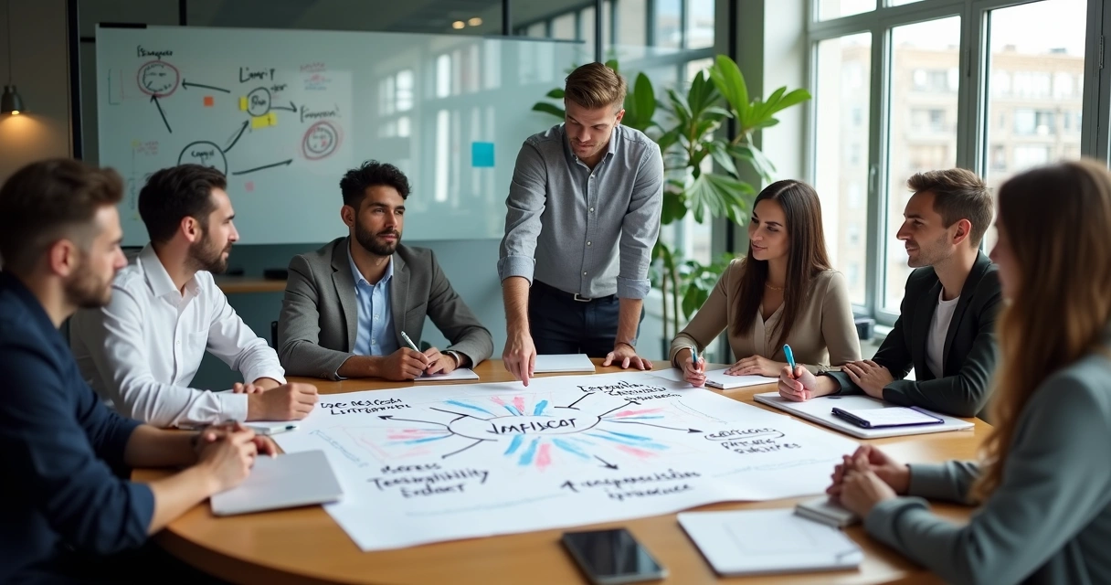 Equipe diversa em reunião colaborativa em mesa redonda 