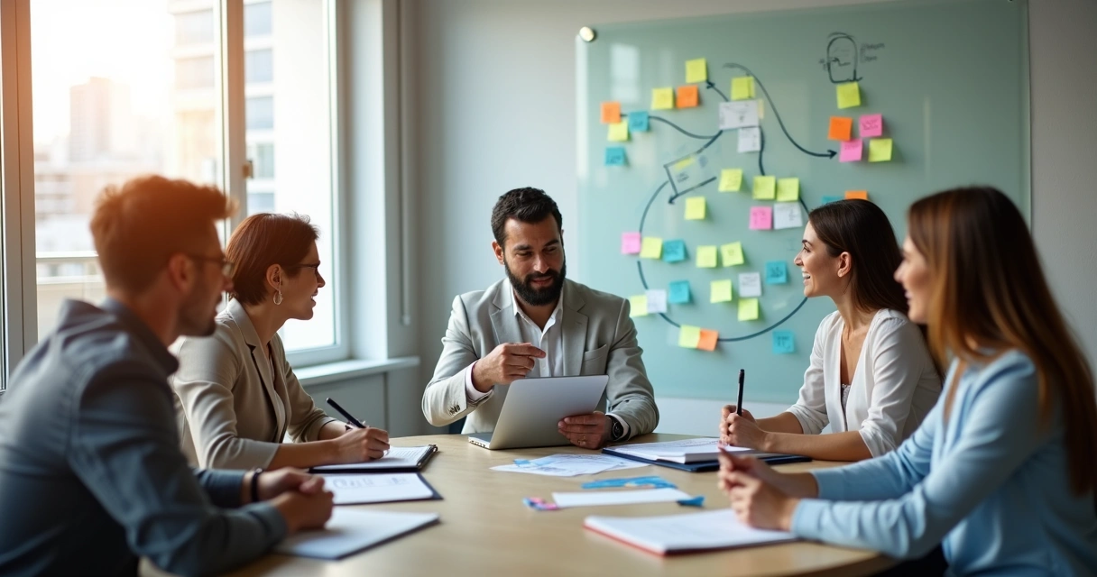 Equipe diversa em reunião circular colaborando em responsabilidade compartilhada 