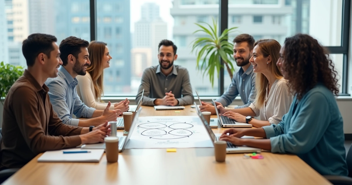 Equipe diversa em reunião colaborativa em torno de mesa de trabalho 