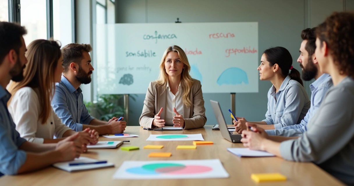Equipe diversa em reunião colaborativa com foco em responsabilidade emocional 