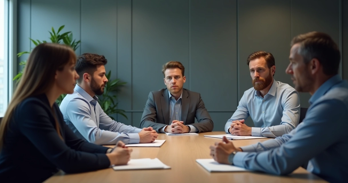 Equipe reunida em silêncio em uma sala de reuniões 
