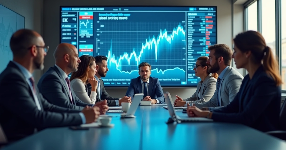 Equipe reunida em uma sala de reuniões, todos demonstrando atenção e preocupação