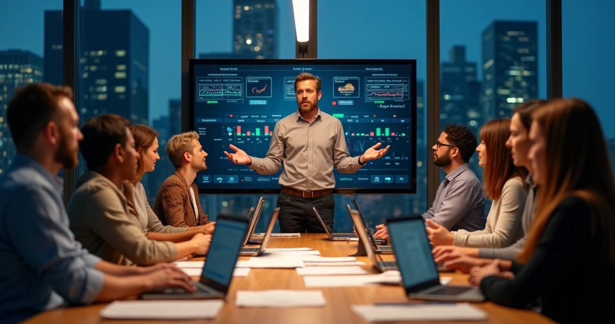Equipe diversa reunida em sala de reunião sob alta pressão mantendo foco e colaboração 