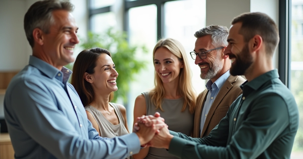 Equipe reunida sorrindo, expressando união no escritório 