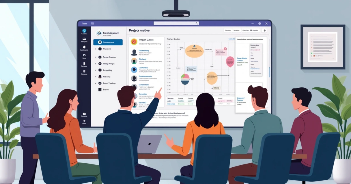 Equipe reunida em frente ao quadro Teams com tarefas e gestão de permissões no MS Project 