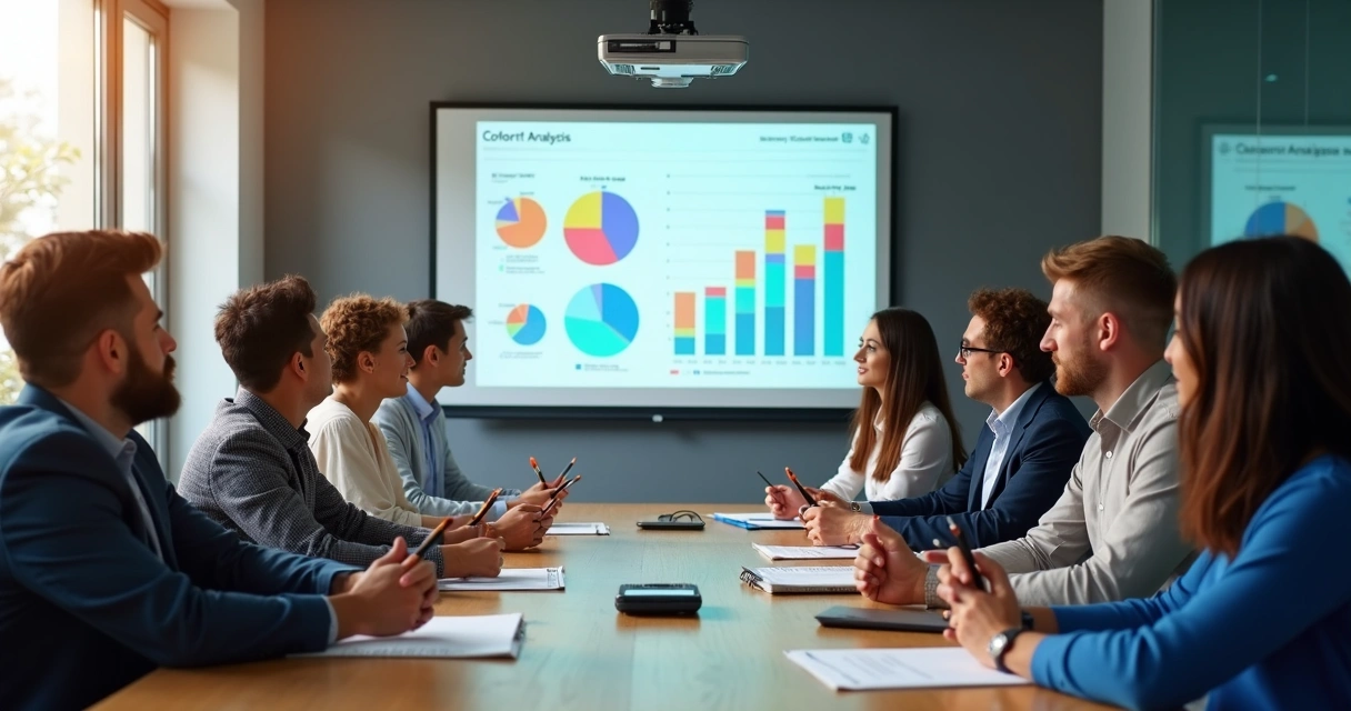 Equipe de negócios ao redor de uma mesa analisando gráficos de dados e discutindo insights 