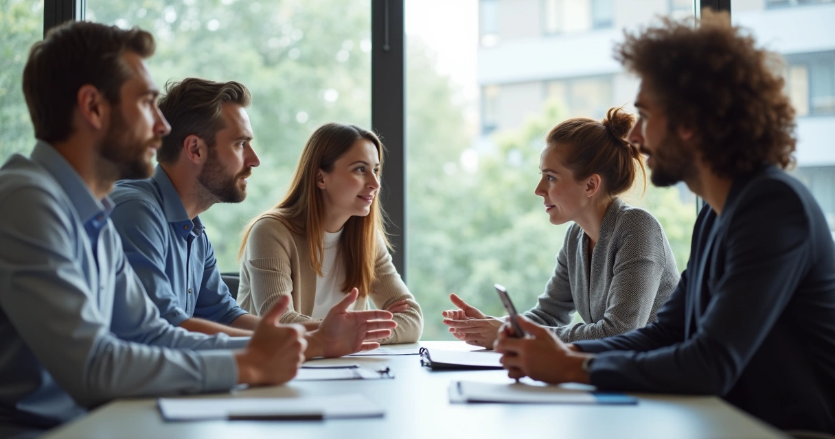 Equipe em reunião, conversando e tomando decisões juntos 